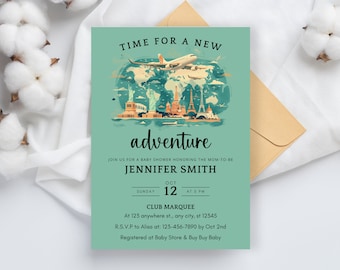 Editable Travel Baby Shower Invitation, World Map Baby Shower Invite, Adventure Awaits Baby Shower Invite, Printable Instant Download