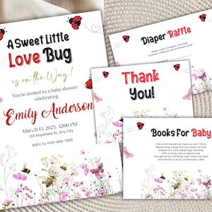 Paquete de invitaciones para baby shower con pequeños insectos amorosos, conjunto de plantillas para invitaciones para baby shower con insectos y mariquitas de género neutro, baby shower con jardín