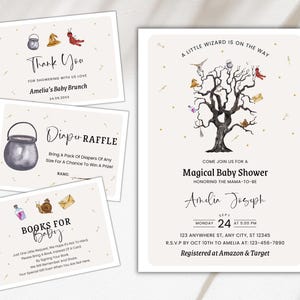 Wizard Baby Shower Invitation Magic Boy Baby Shower set, Editable Magical Baby shower Invitation Template, Witches and Wizard, Diaper Raffle