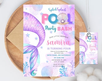 Editable Mermaid Birthday Invitation Canva Template, Sea Birthday Party Invitation, Girl Birthday Invite, Little Mermaid, Instant Download