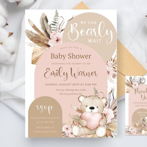 Editable We Can Bearly Wait Baby Shower Invitation, Boho Bear Baby Shower Invite, Balloon Bear Baby Shower Invite, Bear Balloons baby shower