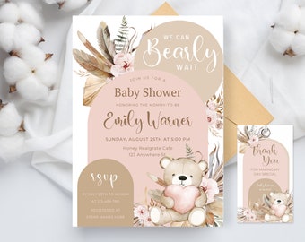 We Can Bearly Wait Baby Shower Invitation, Boho Bear Baby Shower Invite,Pink Balloon Bear Baby Shower Invite, Bear Balloons baby shower