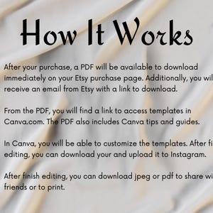Puede incluir: Un fondo blanco con una superposici&oacute;n beige y texto negro que explica c&oacute;mo usar un producto digital. El texto incluye pasos numerados y menciona Etsy, Canva e Instagram.