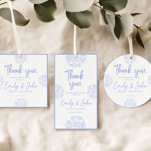 Dusty Blue Baby Shower Favor Tag, Editable Boy Baby Shower, Elegant Floral Baby Shower Gift Tags, Boy Baby Shower Decor, DIY Favor Tags