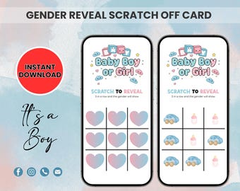 May include: A gender reveal scratch-off card design. The card features the text "Baby Boy or Girl" and "Scratch to Reveal". One card has heart symbols, the other has baby-themed icons. The words "It's a Boy" are also present.