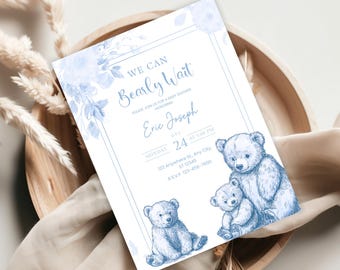 Bear Baby Shower Invitation Blue, We Can Bearly Wait Invite, Boy Baby Shower , Editable , Woodland Bear Theme, Teddy Bear Vintage Bow Baby