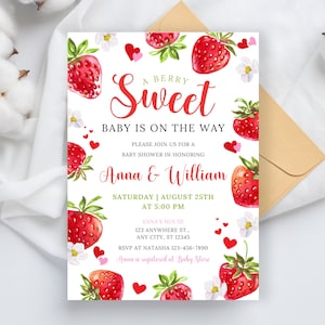 Editable Strawberry Baby Shower Invitation Berry Sweet Baby Shower