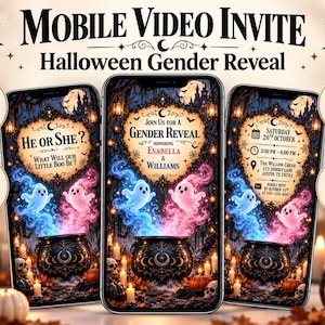May include: A mobile video invitation for a Halloween gender reveal featuring three smartphone screens displaying a black cauldron with blue and pink ghost smoke, ornate frames, and text including He or She, What Will Our Little Boo Be, and event details.