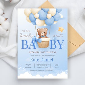 Invito per baby shower con palloncino a forma di orso, modificabile Possiamo aspettare con pazienza Invito per doccia con palloncino blu, baby shower per ragazzo con orsetto a palloncino, Download istantaneo