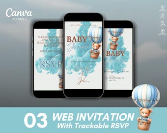 Może przedstawiać: Trzy smartfony wyświetlają zaproszenia na baby shower. Każde zaproszenie przedstawia misia w balonie na tle niebieskiego dymu. Tekst brzmi "Baby Shower" i zawiera informacje RSVP.