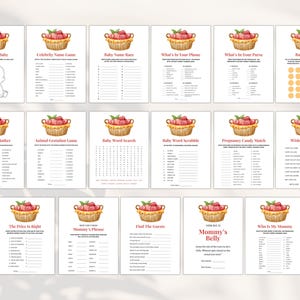 May include: A set of printable baby shower games featuring a basket of red apples. The games include "Draw the Baby", "Celebrity Name Game", "Baby Name Rave", "What's in Your Phone", "What's in Your Purse", "Baby Bingo", "Would She Rather", "Animal Gestation Game", "Baby Word Search", "Baby Word Scrabble", "Pregnancy Candy Match", "Wishes for Baby", "The Price is Right", "Mommy's Phrase", "Find the Guests", "Mommy's Belly", and "Who is My Mommy?"