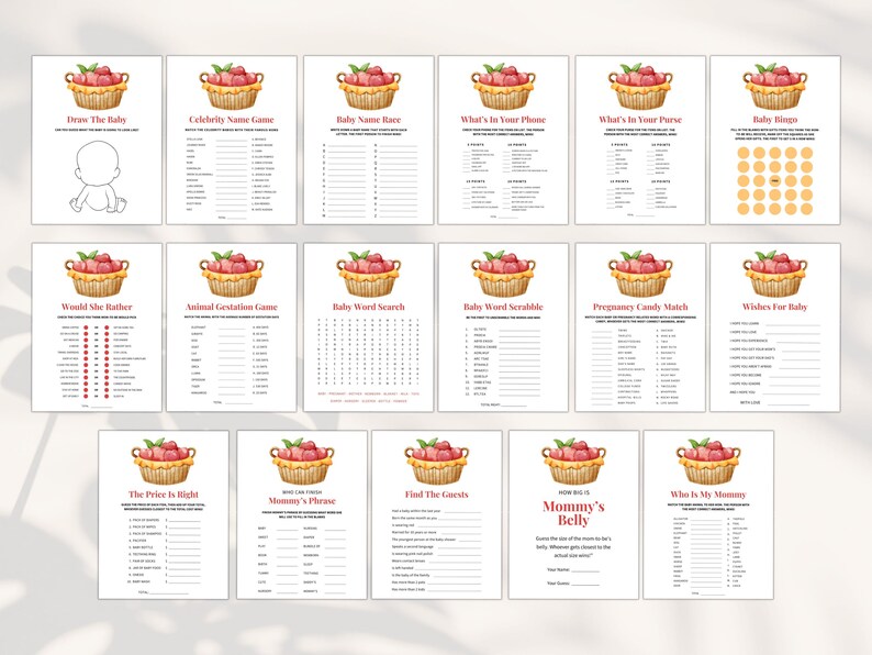 May include: A set of printable baby shower games featuring a basket of red apples. The games include "Draw the Baby", "Celebrity Name Game", "Baby Name Rave", "What's in Your Phone", "What's in Your Purse", "Baby Bingo", "Would She Rather", "Animal Gestation Game", "Baby Word Search", "Baby Word Scrabble", "Pregnancy Candy Match", "Wishes for Baby", "The Price is Right", "Mommy's Phrase", "Find the Guests", "Mommy's Belly", and "Who is My Mommy?"