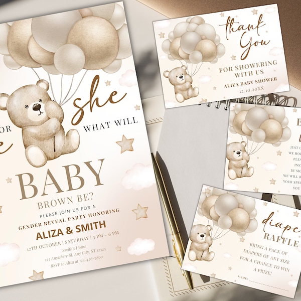 Editable Teddy Bear Gender Neutral Invitation, Gender Reveal Party Invites, Boho Bear Baby Shower Invitation, Instant Download Editable