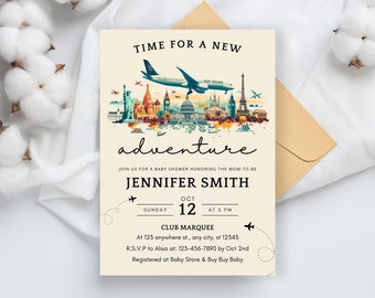 Editable Travel Baby Shower Invitation, World Map Baby Shower Invite, Adventure Awaits Baby Shower Invite, Printable Instant Download