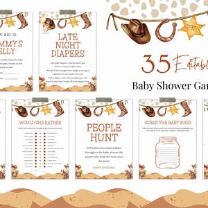 Un paquete de juegos de baby shower de Little Cowboy, juegos de baby shower occidentales editables, juegos de baby shower de cowboys campestres, primeras actividades de rodeo para bebés