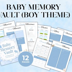 May include: A collection of 12-page baby memory books with a blue and white theme. The cover reads "Baby Memory Vault" and "Boy Theme." Pages include sections for photos, milestones, and notes. The background is a light blue watercolor.