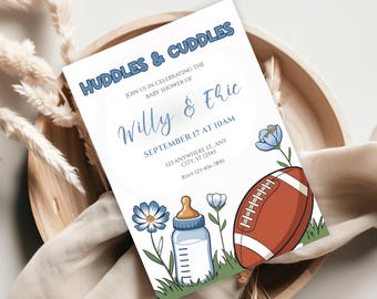 Tema de fútbol americano Huddles & Cuddles, Baby Shower imprimible, Invitación con temática de fútbol americano universitario Touchdown, Bebé niño coquette azul de fútbol americano
