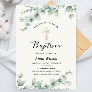 Greenery Baptism Invitation Template, Floral Baby Girl Invites Editable, Wildflower Baptism Invite Christening Invitation Rustic Baptism