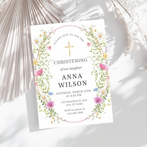 Baptism Invitation Template, Floral Baby Girl Invites Editable, Wildflower Baptism Invite Christening Invitation Rustic Baptism