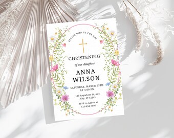 Baptism Invitation Template, Floral Baby Girl Invites ,Wildflower Baptism Invite, Christening Invitation ,Rustic Baptism ,Elegant Dusty Pink