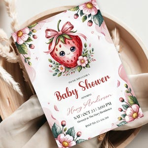Pink Bow Strawberry Baby Shower Invitation | Cute Pink Girl Baby Shower Template |  Coquette Berry Sweet  Shower Invitation | Elegant Pink
