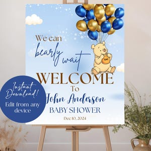 Classic Winnie The Pooh Baby Shower Welcome Sign, Editable Boy Baby Shower Welcome, Welcome Signage Pooh Bear, Party Decor Welcome Poster