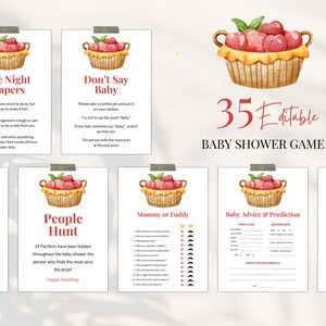May include: A set of 35 printable baby shower game cards featuring a watercolor illustration of a basket of red apples. The cards include games like "Late Night Diapers", "Don't Say Baby", "People Hunt", "Mommy or Daddy", "Baby Advice & Prediction", and "Beer or Baby".