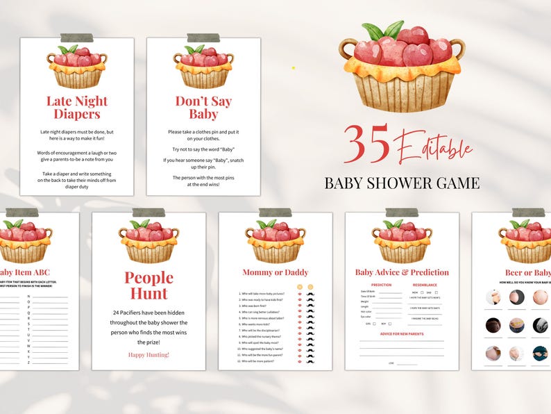 May include: A set of 35 printable baby shower game cards featuring a watercolor illustration of a basket of red apples. The cards include games like "Late Night Diapers", "Don't Say Baby", "People Hunt", "Mommy or Daddy", "Baby Advice & Prediction", and "Beer or Baby".