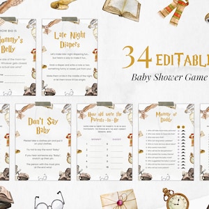 May include: A set of printable baby shower games with a Harry Potter theme. The games include "How Big is Mommy's Belly", "Late Night Diapers", "Who Can Finish Mommy's Phrase", "Don't Say Baby", "How Old Were the Parents-to-Be", "Mommy or Daddy", and "Who is My Mommy". The games feature owls, glasses, books, and clocks.