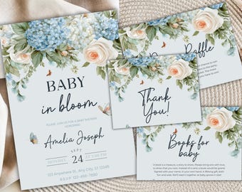 Könnte beinhalten: Babyparty-Papeterie-Set mit floralem Aquarelldesign. Die Einladung lautet "Baby in Bloom" und enthält Eventdetails. Zusätzliche Karten sagen "Danke", "Tombola" und "Bücher für Babys".