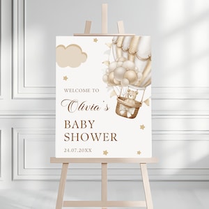 Teddybär-Babyparty-Willkommensschild Tan Braun Blau Bär Poster Wir können Bären reifen Boho Luftballons Party Schild, bearbeitbare Vorlage