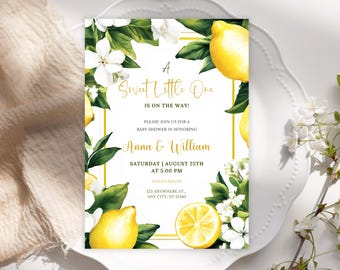 Sweet Little One Lemon Baby Shower Invitation Template, Citrus Baby Shower Invite, Editable Lemon Theme Invite, Lemonade Summer Yellow