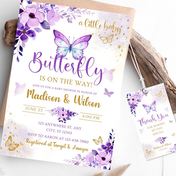 Editable Purple Butterfly Baby Shower Invitation, Butterfly Baby Shower Invitation for Girl, Purple Butterfly, Editable Canva Template