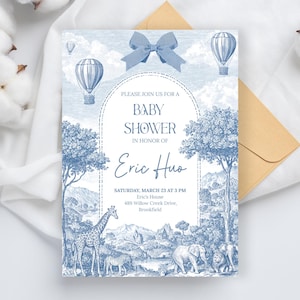 Blue Toile Safari Baby Shower Invitation, Toile de Jouy Baby Shower Invite, Safari Animal Baby Boy Shower, Elephant Giraffe Lion Theme