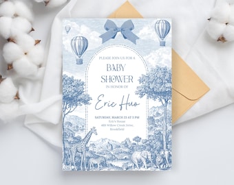 Invitación para baby shower con temática de safari en toile azul, invitación para baby shower con temática de toile de jouy, baby shower de niño con temática de safari, tema de elefante, jirafa y león.