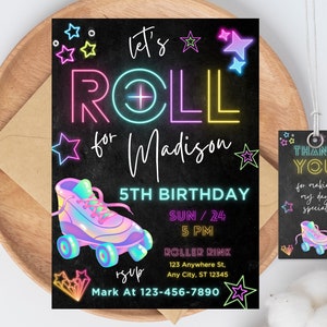 Editable Retro Roller Skate Birthday Party Invitation, Let&#39;s Roll Skating, Kids Rainbow 70&#39;s Skate Editable Canva Invitation, Corjl