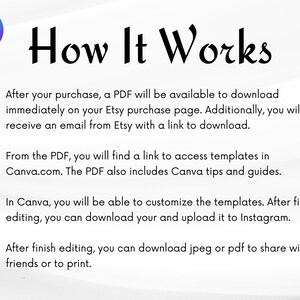 May include: A white background with a blue and purple Canva logo and a black title "How It Works".  Four numbered steps are listed with instructions on how to download and use Canva templates.