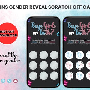 Op de afbeelding: Kraslot voor het onthullen van het geslacht van een tweeling. Het ontwerp heeft een zwarte achtergrond met de tekst "Jongens, meisjes of beide?" en "Kras en zie!" De kaart heeft negen krascirkels.