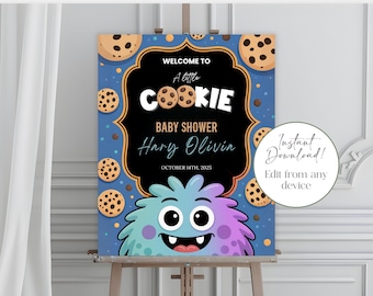 Letrero de bienvenida para baby shower de monstruo azul, temática de galletas (descarga digital)