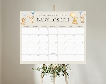 Editable Classic Winnie the Pooh Baby Due Date Calendar, Vintage Winnie Predictions Sign, Baby Shower Signs, Baby Guessing Game