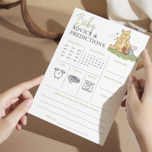 Puede incluir: Una tarjeta imprimible de consejos y predicciones para beb&eacute;s con Winnie de Pooh y Piglet. La tarjeta incluye secciones para el mes de nacimiento, el d&iacute;a de nacimiento, el nombre del beb&eacute;, el color del cabello y los ojos, la hora, la longitud, el peso y el aspecto. La tarjeta tambi&eacute;n incluye espacio para consejos y deseos para los nuevos padres.
