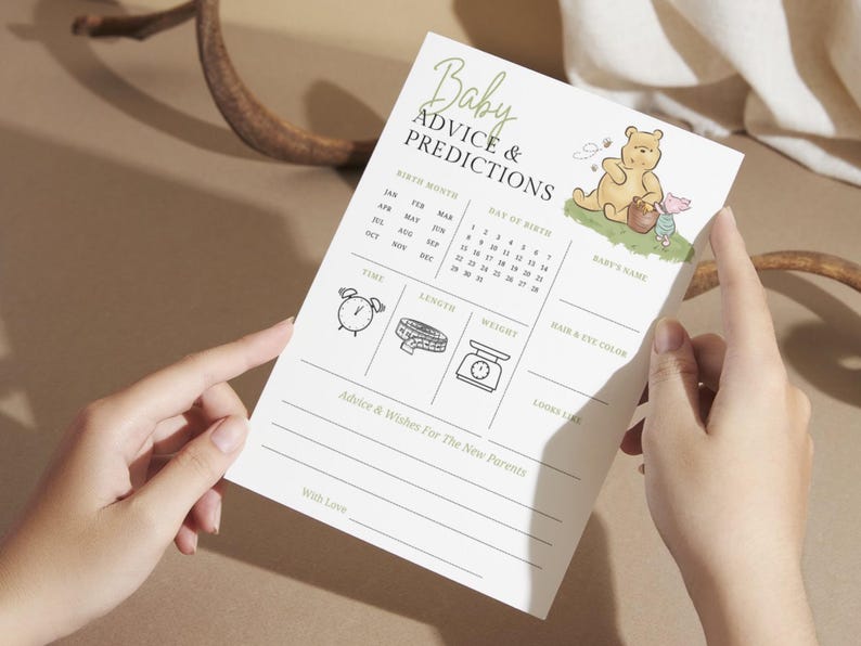 Puede incluir: Una tarjeta imprimible de consejos y predicciones para beb&eacute;s con Winnie de Pooh y Piglet. La tarjeta incluye secciones para el mes de nacimiento, el d&iacute;a de nacimiento, el nombre del beb&eacute;, el color del cabello y los ojos, la hora, la longitud, el peso y el aspecto. La tarjeta tambi&eacute;n incluye espacio para consejos y deseos para los nuevos padres.