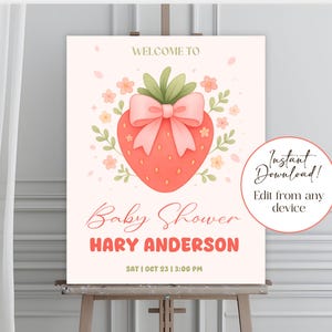 Strawberry Baby Shower Welcome Sign: Editable Canva Template (Digital Download 16x20 inches)