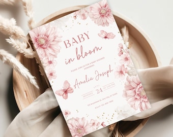 Baby in Bloom Baby Shower Invitation | Floral Girl Shower | Butterfly Invite | Boho Baby in Bloom Shower|Pink Purple Butterflies Wildflower