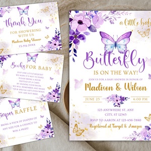 Editable Purple Butterfly Baby Shower Invitation Set, Butterfly Baby Shower Invitation for Girl, Purple Butterfly, Editable Canva Template