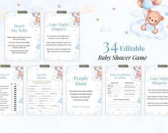 Set di giochi per baby shower a tema orsetto con palloncini, Pacchetto di giochi per baby shower "Non vediamo l'ora", Baby shower con palloncini blu, Giochi per baby shower a tema orsetto boho per maschietto
