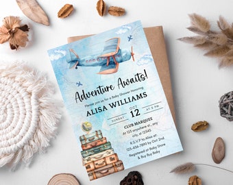 Editable Travel Baby Shower Invitation, World Map Baby Shower Invite, Adventure Awaits Boy Baby Shower Invite, Printable Instant Download