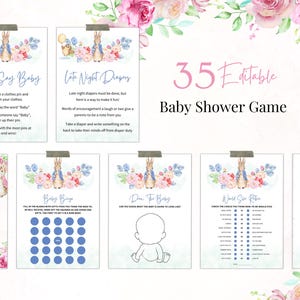 Peter Rabbit-Babypartyspiele bündeln, Mädchen-Babypartyspielepaket, Blumenmädchen Peter Rabbit-Babypartyspiele-Set, bearbeitbare Vorlage