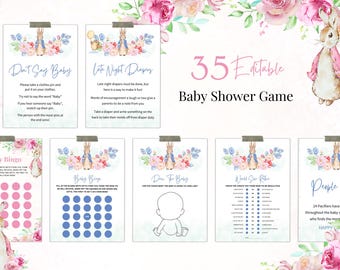 Peter Rabbit Baby Shower Games Bundle, Girl baby shower games package, Floral Girl Peter Rabbit Baby Shower Games Set, Editable Template