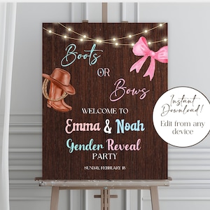 Boots or Bows Gender Reveal Party Welcome Sign | Rustic  Baby Shower | Blue or Pink  Western Party Theme| Coquette Aesthetic Welcome Poster